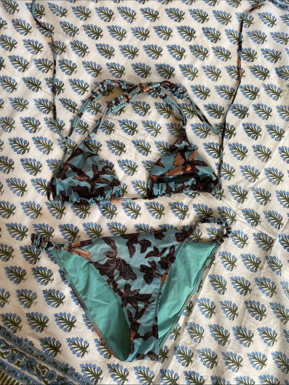 Blue Bikini Set with Brown/Copper Floral Lace Overlay
